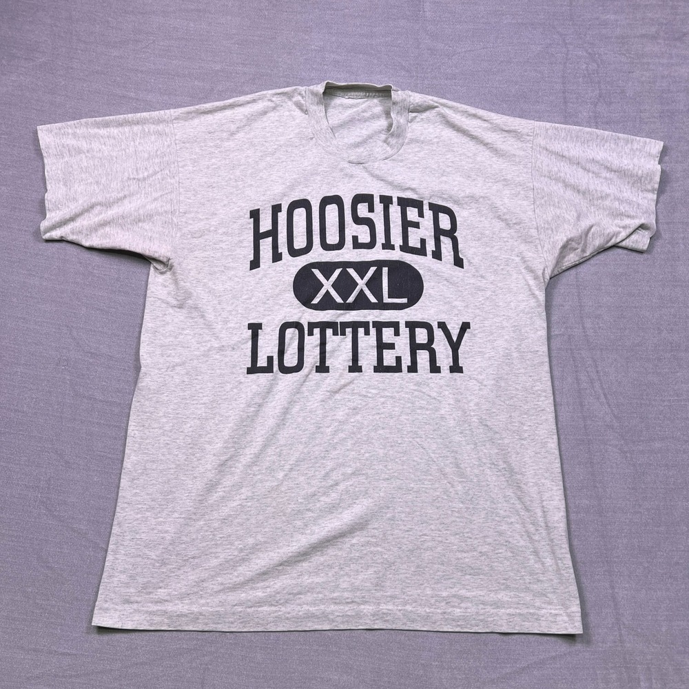 Vintage HOOSIER‎ Lottery Graphic T Shirt Mens Gray Short Sleeve Casual Tee